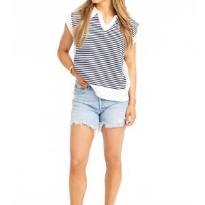 NEW KARLIE stripe v-neck sleeveless sweater in navy